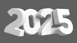 © Pagina - 2025 New Year numbers for Christmas and New Year greetings. 3d realistic white plastic digits 2025, isolated on dark background. Suitable for web design, print, advertise, e.t.c. Vector illustration