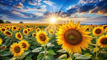 Wall Mural - Vibrant sunflower field in full bloom under the summer sun, Sunflowers, field, nature, flowers, yellow, petals, beauty