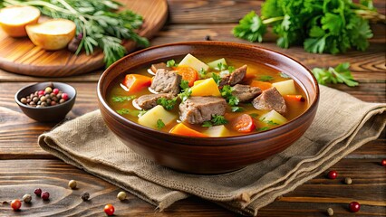 Wall Mural - Delicious homemade soup with chunks of tender meat, soup, meat, broth, hearty, comfort food, meal, bowl, warm, hearty, savory