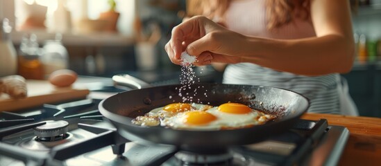 Poster - A Woman Salting Fried Eggs in a Kitchen