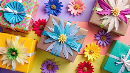 Poster - Gift boxes wrapped in colorful paper with paper flowers and feathers, mockup, Gift boxes, wrapped, colorful