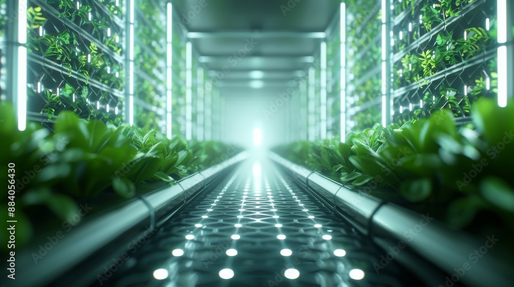 Futuristic indoor vertical farming setup with green plants illuminated ...