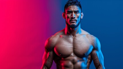 Muay Thai fighter's upper body, with prominent muscles from shoulder to waist, bathed in dim red and blue light on a black background.