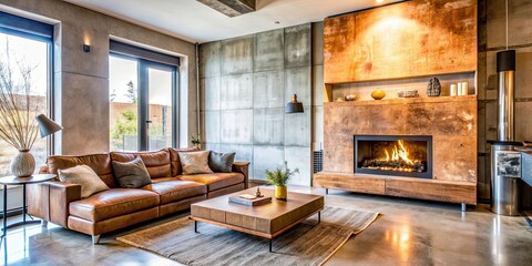 Sticker - Spacious living room with a blend of rustic and modern furniture, featuring a cozy sofa and a cement burnt wall , spacious