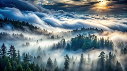 Wall Mural - Mystical forest sky blanketed with fog and swirling clouds, mystical, forest, sky, fog, clouds, mystical forest