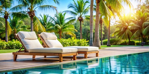 Sticker - Tropical pool chair with white cushions and palm trees in the background, villa, resort, luxury, relaxation