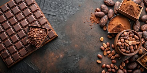 Wall Mural - Top view of chocolate bar, cacao nibs, cacao powder, and cocoa beans on a dark table, showcasing the delicious chocolate, chocolate