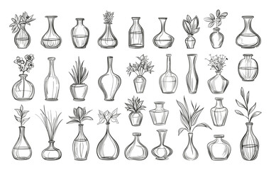 Wall Mural - Glass Floor Vases Icons Set Low Detailed Line Sketch Crisp Contours White Background Doodle Illustration Minimalist Flat Design Decorative Elements Flower Pot Planter Houseplant