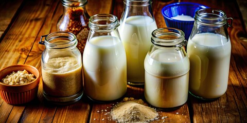 Wall Mural - Close-up of milk, sugar, and cream in glass bottles on a wooden table, dairy, fresh, organic, beverage, ingredients, breakfast