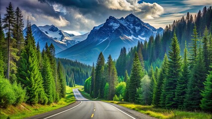 Canvas Print - Scenic asphalt road winding through lush green forest with majestic mountains in the background, Asphalt road, green forest