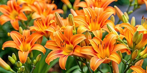 Wall Mural - Vibrant orange lily flowers in full bloom, floral, petals, garden, nature, vibrant, bright, color, blossom, summer, spring