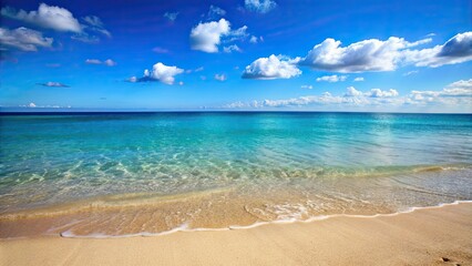 Sticker - Sandy beach and crystal clear sea with a blue sky , vacation, summer, tropical, paradise, relax, ocean, waves, shore, coastline