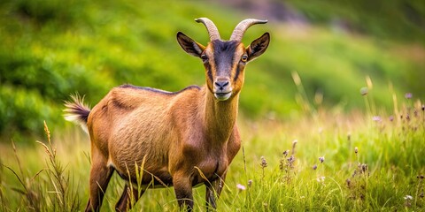 Sticker - Brown goat in a grassy field , brown, goat, animal, farm, domestic, mammal, livestock, nature, countryside, rural, fur