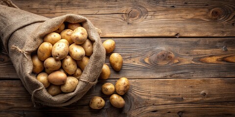 Wall Mural - Fresh potatoes nestled in an old sack on a wooden background , rustic, charm, organic, farm, agriculture, harvest, country