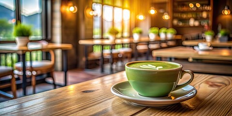 Poster - A cup of hot matcha tea on a wooden table in a cozy cafe , matcha, green tea, beverage, drink, Japanese, cafe, hot