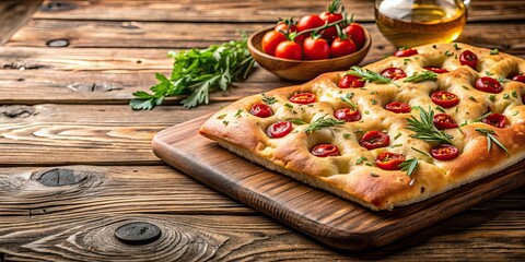 Wall Mural - Authentic Italian focaccia bread on a rustic wooden background, focaccia, bread, Italian, homemade, fresh, traditional, baked