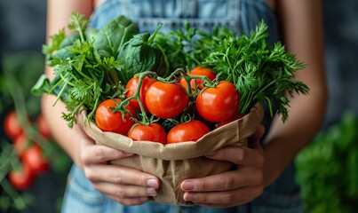 A green backdrop showcases a human hand proudly holding a bag overflowing with fresh vegetables.