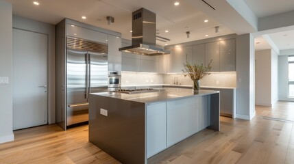 Wall Mural - A sleek, modern kitchen with stainless steel appliances, a large island with a waterfall countertop, and minimalist cabinetry.