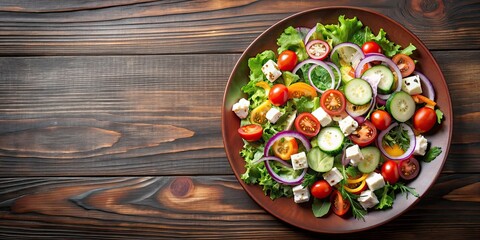 Canvas Print - Healthy vegetable salad on plate with fresh ingredients , fresh, tomato, cucumber, onion, spinach, lettuce, sesame, salad