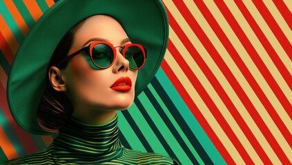 Wall Mural - Fashionable Woman in Green Hat and Sunglasses