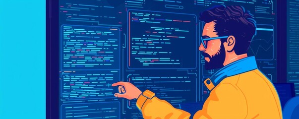 Programmer designing a user interface on a large touch screen, UIUX design, interactivity