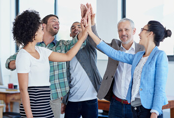 Wall Mural - Business, people and high five in workplace for teamwork, celebration group and employees together Success, hand gesture and professional collaboration for achievement, meeting and target goal