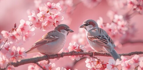 Two Sparrows Perched on a Branch of Cherry Blossoms