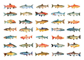 Wall Mural - River Fishes Watercolour Icons Set Various Fish Species Vibrant Watercolour Style Colorful Aquatic Life Graphic Design Elements Freshwater Fish Collection Nature Illustrations Fish