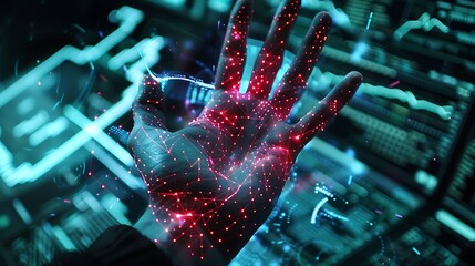 Wall Mural - hand glowing with digital connections a symbol of the interconnected world. ai generated