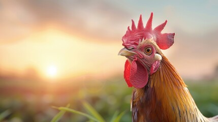 A rooster with a red beak stands in a field with a sunset in the background