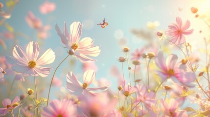 Poster - Delicate Pink Cosmos Flowers in a Sunny Meadow