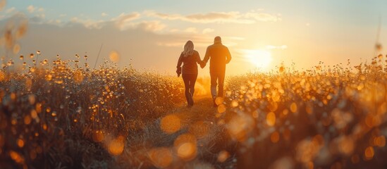 Wall Mural - Silhouettes of a Couple Walking into the Sunset