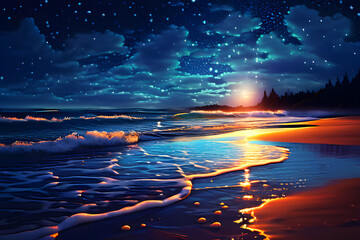 Wall Mural - Waves dance and crash, their white foam sparkling under the starlight. The ocean's vast expanse mirrors the celestial above, creating a mesmerizing interplay of light and dark.