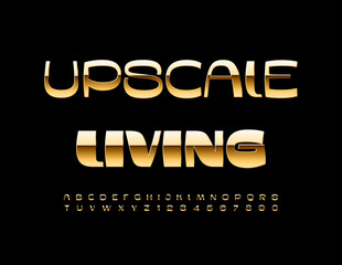 Vector elite icon Upscale Living. Luxury Slim Font. Gold Glamour Alphabet Letters and Numbers set.