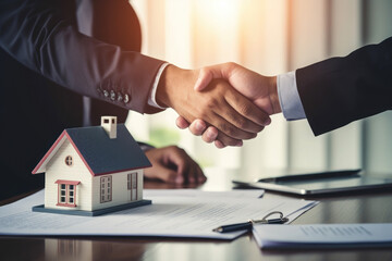 House rental and sale agreement. Handshake and conclusion of the deal between the real estate agent, the seller and the new owner. Keys, house. Sale, purchase, financial loan, insurance.