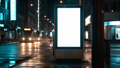 A cutting-edge, modern public information kiosk with a neon touchscreen display, perfect showcasing