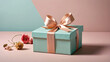 © Linett - Elegant gift box on solid pastel background with copy space. AI generative. AI generative.