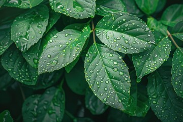 Wall Mural - Closeup - of green plant leaves with water droplets. Natural background