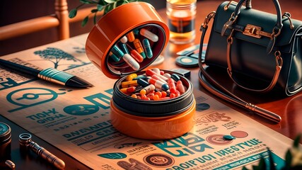 Wall Mural - A collection of pills and a box of medicine on a table.