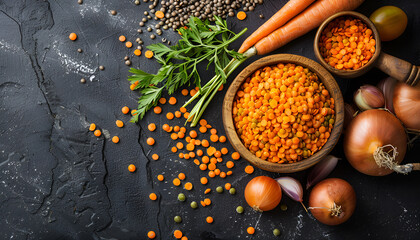 Wall Mural - Lentil with carrot and onion in a wooden bowl. Healthy lifestyle. Diet menu. Top view. Flat lay