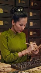 Wall Mural - Vertical shot of female Asian accountant in traditional clothes calculating prices on abacus while working at traditional medicine drug store