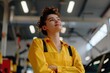 © Konstiantyn Zapylaie - A young woman in a yellow mechanic's jumpsuit stands confidently in a garage, arms crossed, looking up