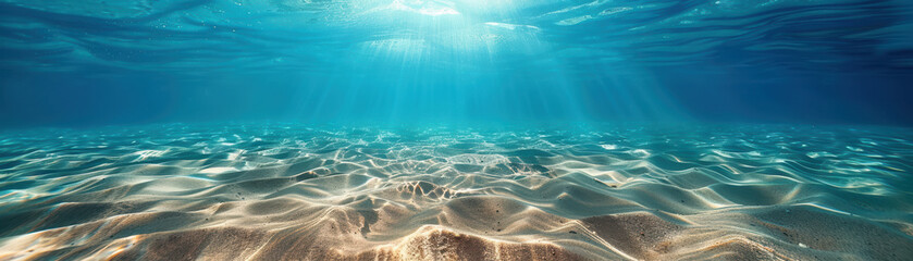 Wall Mural - Serene underwater view of sunlight piercing through blue ocean water illuminating the sandy sea floor, creating a tranquil and magical seascape