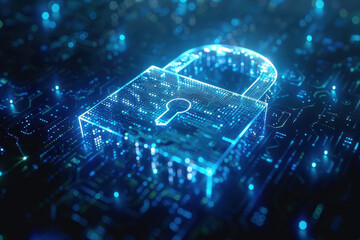 Futuristic digital lock icon glowing on a blue circuit board, symbolizing cyber security and data protection in a high-tech environment.