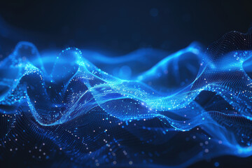 Wall Mural - abstract blue wave of glowing particles and light dots on dark background, representing data, techno