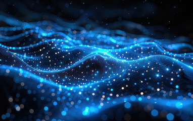 Wall Mural - stunning visualization of digital data as neon blue waves against a dark background, evoking a sense
