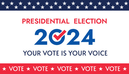 Wall Mural - USA 2024 Presidential Election background with American flag colors design. Election event banner, card, poster, template, voting communication, background. Vote day, November 5. Vector illustration.