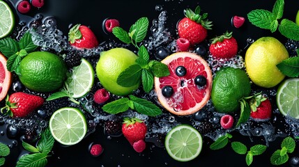 Wall Mural - Top view of vibrant fruits submerged in water on a black floor, with a detailed 3D background enhancing the visual impact.