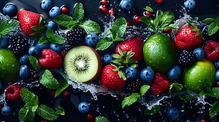 Wall Mural - Aerial photo of various fruits submerged in water, placed on a black floor with a 3D background that emphasizes the bright colors against the dark surface.