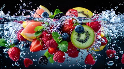 Wall Mural - High-angle photo of colorful fruits submerged in water on a black floor, with a 3D backdrop that highlights the vivid colors and adds dimension.